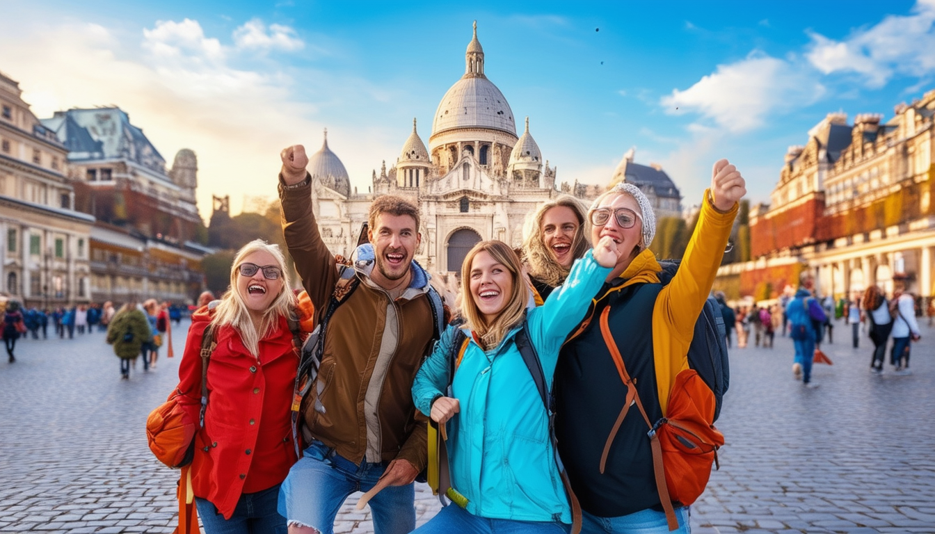 A vibrant group of travelers exploring iconic Euro